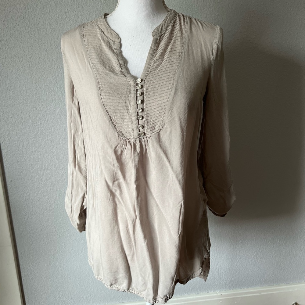Calvin Klein Jeans Light Tan Partial Button Down Long Sleeve Blouse